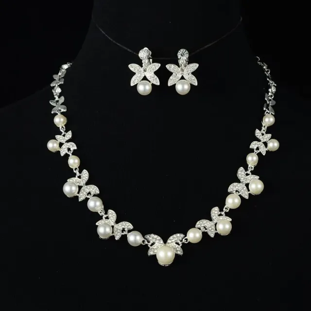Korean bride pearl Clover Necklace Earrings Set Wedding jewelry accessories factory White - Shop at LoveMi