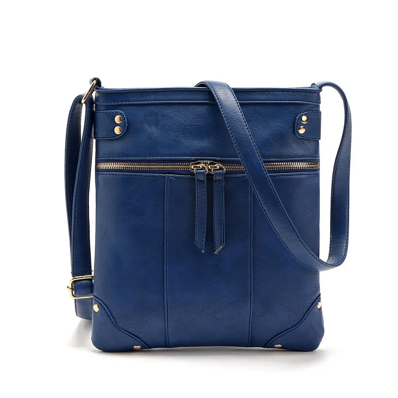 new European fashion handbag bag Crossbody Bag rivets front pocket zipper copper single shoulder bag - Blue