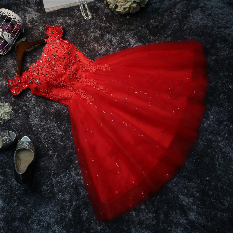Red dress with lace straps and small shoulders