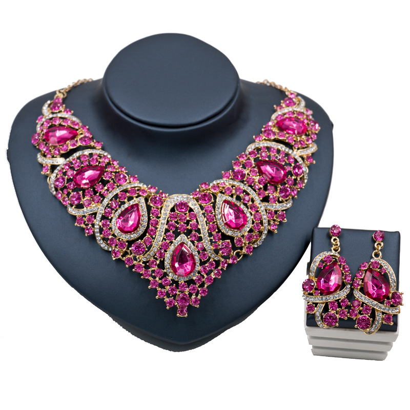 Fast selling explosion, Middle East, Europe and America, colorful exaggerated bride necklace, earring set, alloy color plating Pink - Shop at LoveMi