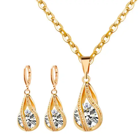 S163 Korean Simple Zircon Jewelry Set Silver Drop Necklace