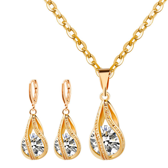 S163 Korean simple zircon jewelry set Silver Drop Necklace Earrings set new bride wedding — foto 4