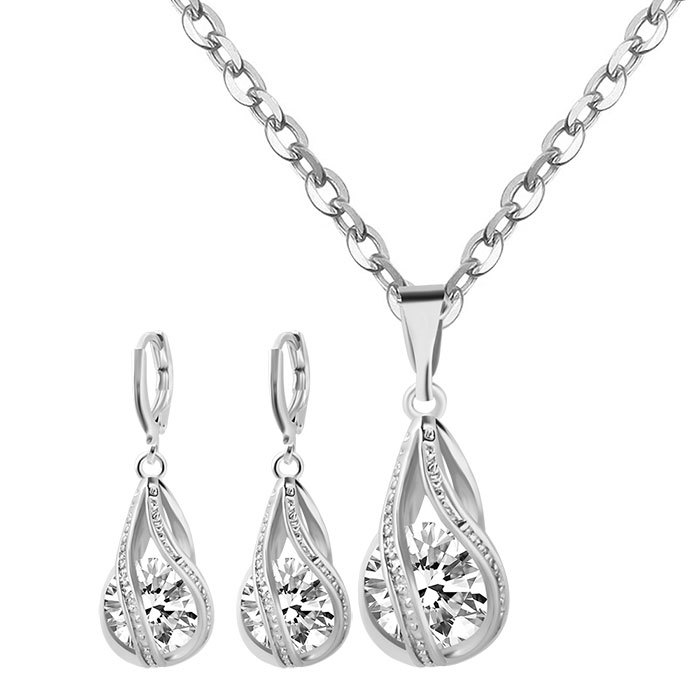 S163 Korean simple zircon jewelry set Silver Drop Necklace Earrings set new bride wedding — foto 5
