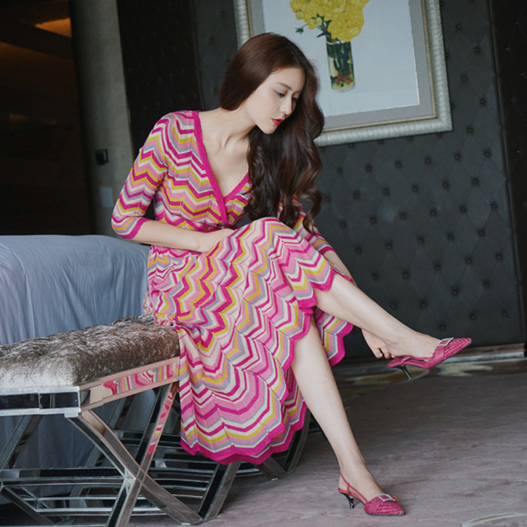 Striped V-collar Knit Dress