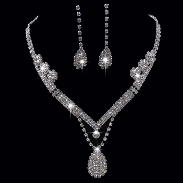 Europe And The United States Foreign Trade Drill Water Drop Shape Bridal Necklace, Earrings Set Wedding Jewelry Wedding Accessories - Shop at LoveMi