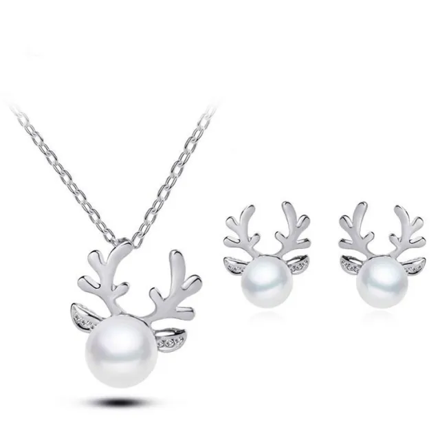 Europe and the United States foreign trade Pearl Necklace Earrings Set Diamond Wedding Jewelry Necklace Set bride antlers Silver - Shop at LoveMi