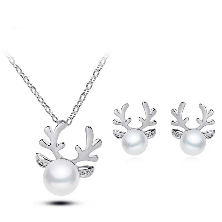 Europe and the United States foreign trade Pearl Necklace Earrings Set Diamond Wedding Jewelry Necklace Set bride antlers - Silver