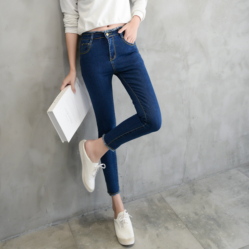 spring new high waist jeans female raw edge nine points trousers split fork pants female student pants Dark Blue1 - Shop at LoveMi