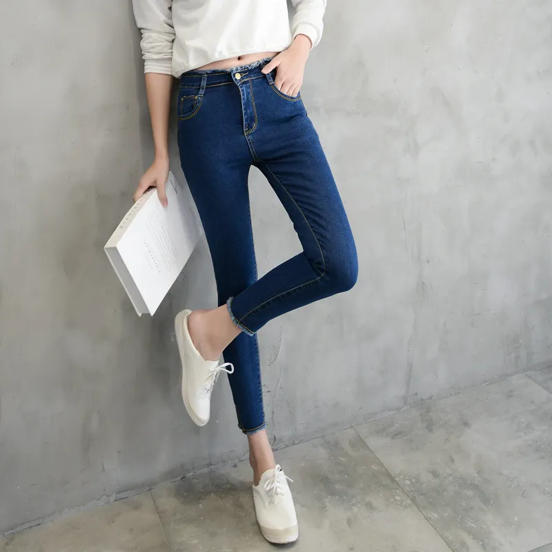 spring new high waist jeans female raw edge nine points trousers split fork pants female student pants - Dark Blue1