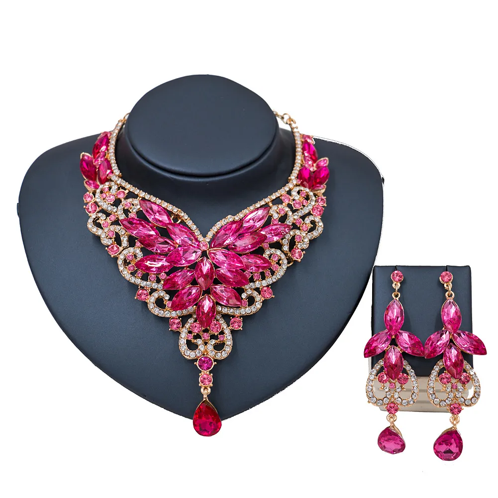 speed selling explosion, African, European and American color exaggerated bride necklace earrings set of alloy manufacturers - Pink