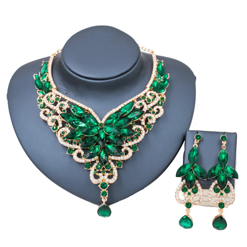 speed selling explosion, African, European and American color exaggerated bride necklace earrings set of alloy manufacturers - Green