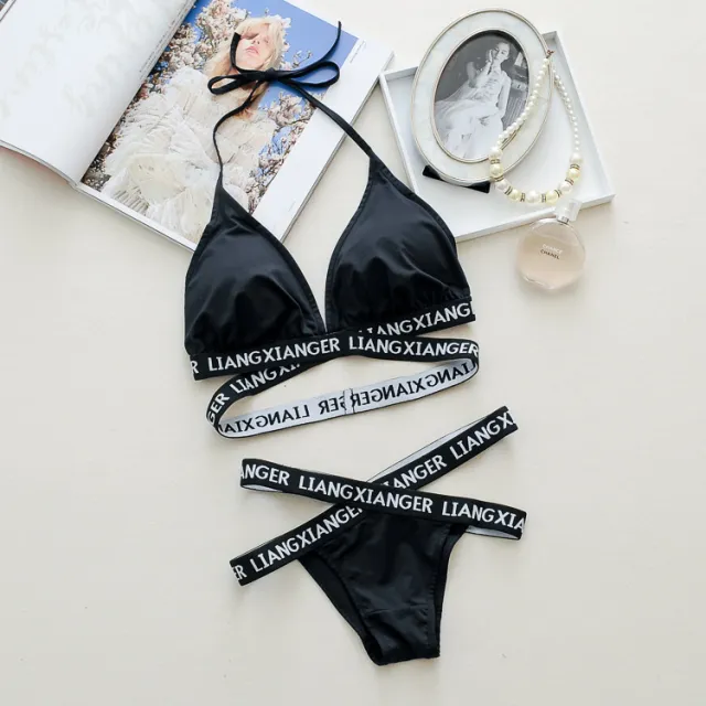 Swimsuit Women Black Split Sexy Size Chest Gathered Three point Bikini Black - Shop at LoveMi
