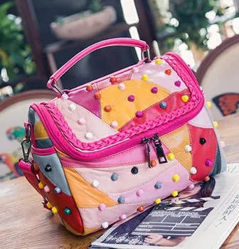new single shoulder bag leather stitching Xiekua package sheepskin rivets Korean fashion backpack Pink - Shop at LoveMi