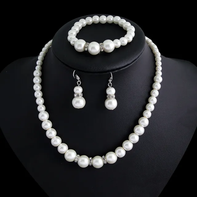 Three piece Pearl Necklace Earrings And Bracelet - Shop at LoveMi