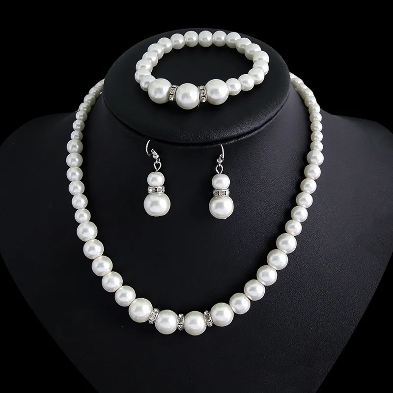 Three-piece Pearl Necklace Earrings And Bracelet