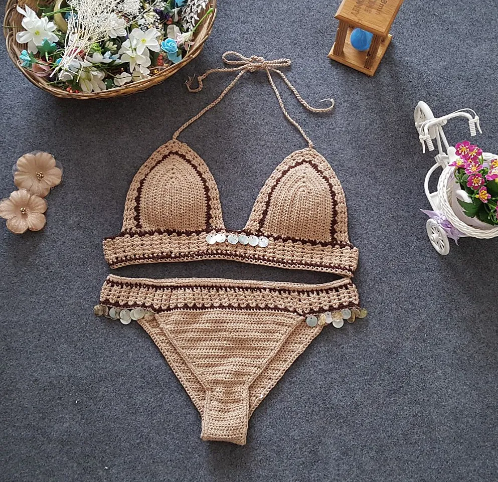 Foreign Trade New Knitted Bikini, Europe And America Beach Shell, Mermaid Lady Split Sexy Swimsuit Set - Brown