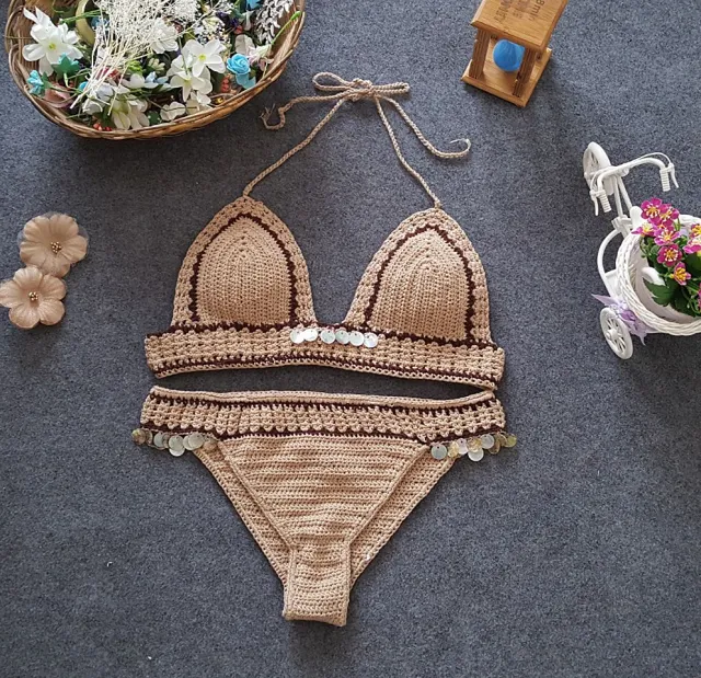 Foreign Trade New Knitted Bikini, Europe And America Beach Shell, Mermaid Lady Split Sexy Swimsuit Set Brown - Shop at LoveMi