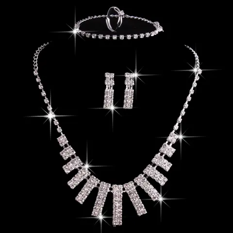 4 Pieces Rhinestones Necklace Set with Earrings Ring