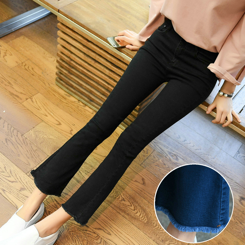 Korean nine Skinny Jeans Girl fringed edges flared bell bottoms 9 jeans Black - Shop at LoveMi