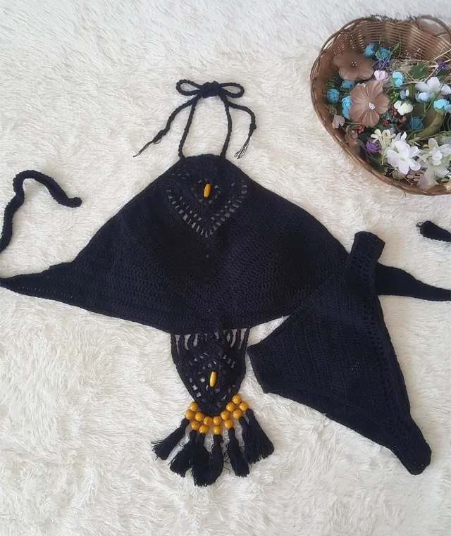 Europe and the United States new woman swimsuit set, beach sunshine bath, foreign trade Crochet Crochet tassel bikini Black - Shop at LoveMi