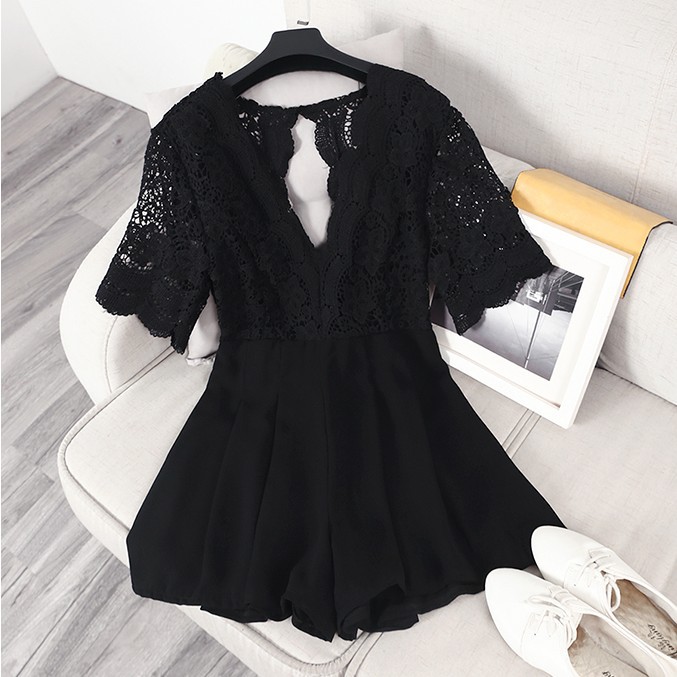Lace Splicing V collar Sexy Jumpsuit Black - Shop at LoveMi