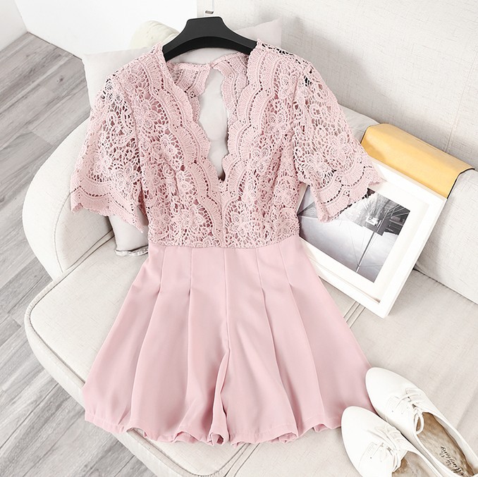 Lace Splicing  V-collar Sexy Jumpsuit