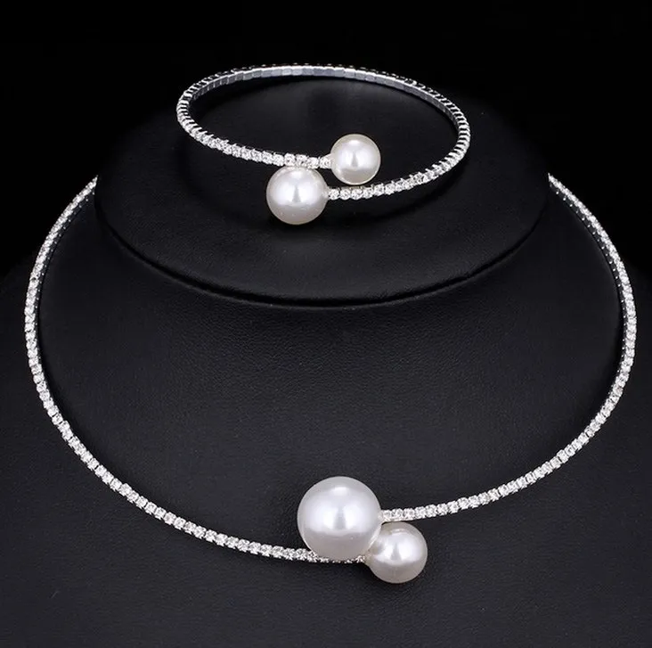The bride wedding accessories crystal pearl diamond drill collar Necklace Bracelet Adjustable two piece suit - Silver