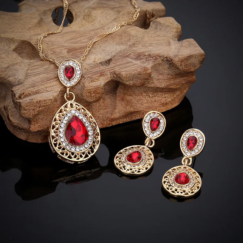 Crystal Drop Earrings Necklace Set Dress Acessories - Red