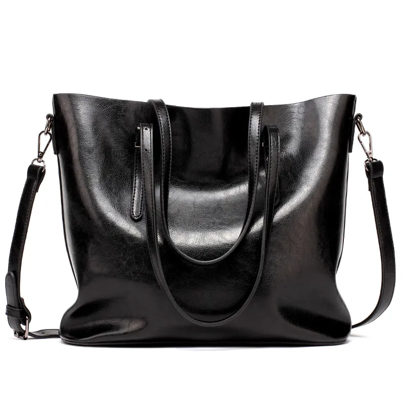 new European fashion bags handbag shoulder bag tote bag winter oil - Black
