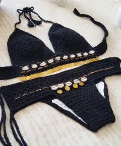 foreign trade new bikini beach swimsuit, bikini retro, handmade crochet lady, Europe and America split suit - Black - View 1