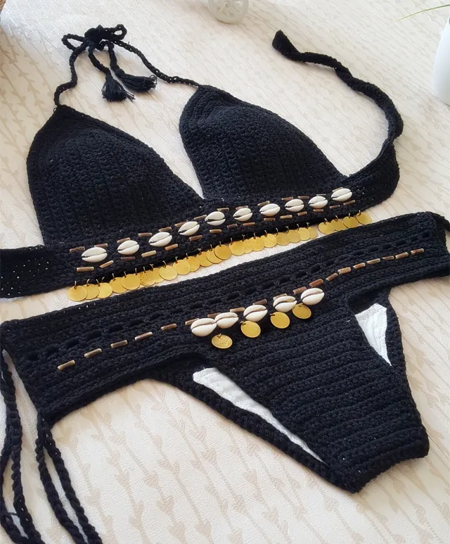 foreign trade new bikini beach swimsuit, bikini retro, handmade crochet lady, Europe and America split suit Black - Shop at LoveMi