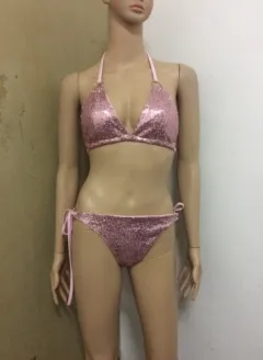 European And American Sexy Sequins Lace-Up Bikini Women Swimsuit Suit - Pink - View 1