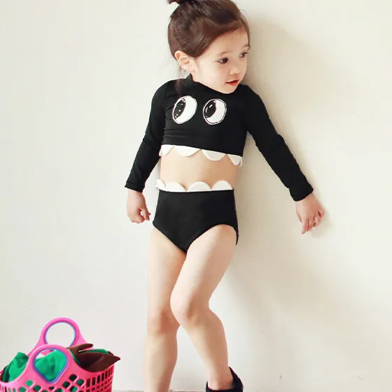 Korean version of children's wear, new children's swimsuit, cartoon eyes, split bikini, two sets of girls SWIMSUIT SET Black - Shop at LoveMi