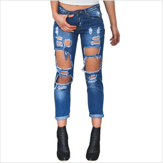 explosion Europe Code loose wild sexy big hole beggar exaggerated boyfriend jeans Dark Blue - Shop at LoveMi