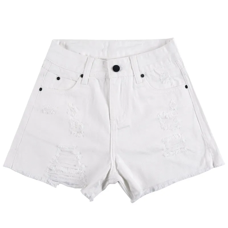 High Waist Ripped Denim Shorts - White