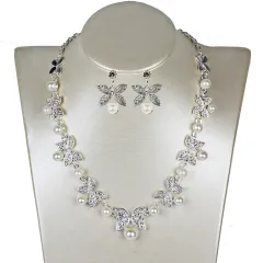 New Pearl butterfly necklace, earrings, bridal jewellery set, bridal jewellery - Silver - View 1