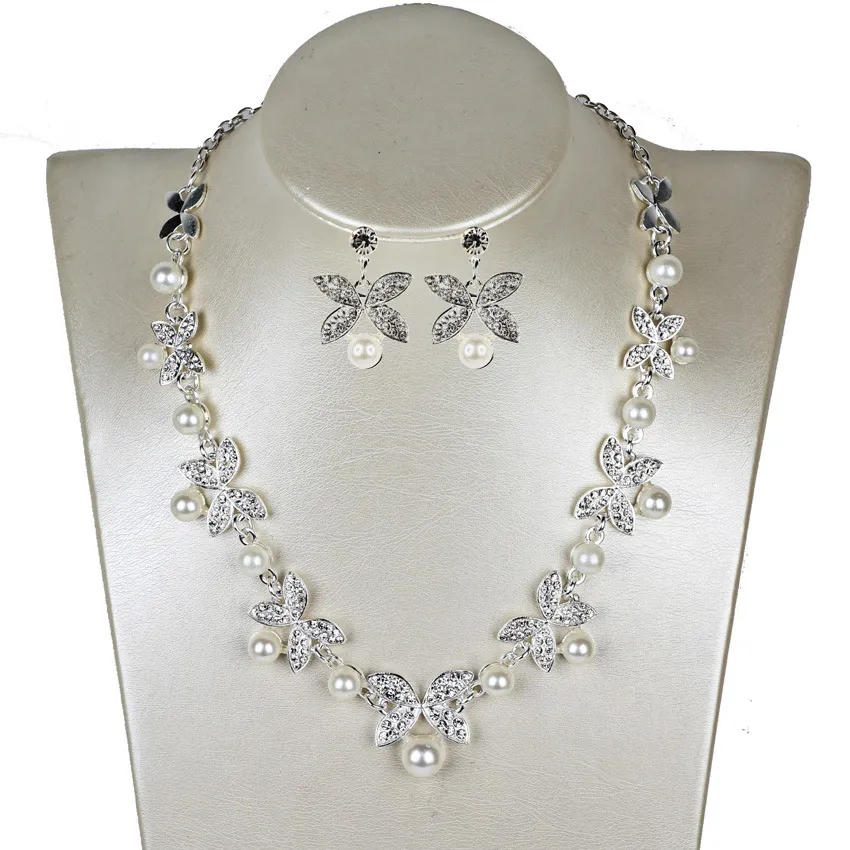 New Pearl butterfly necklace, earrings, bridal jewelry set, bridal jewelry - Silver