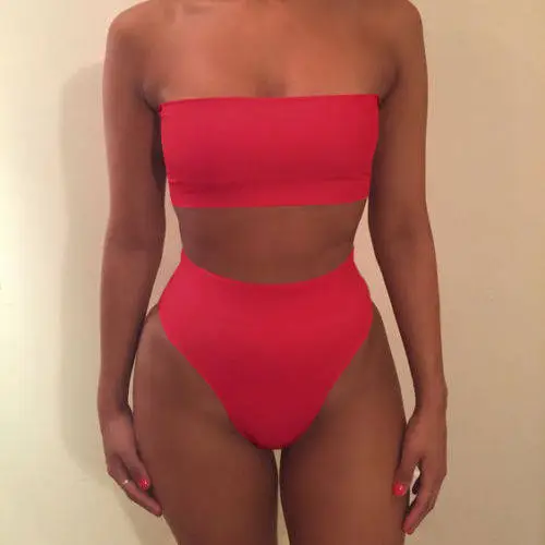 Sexy Two Piece Breast Wrap Swimsuit Bikini Set Tube Top Set Red - Shop at LoveMi