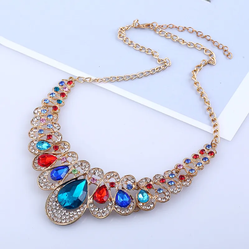 American jewelry fashion temperament Metal Necklace Earrings Set gem diamond drop bride accessories - Color