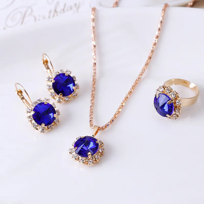 Fashion Round Crystal Necklace Earrings Ring Set Hot Jewelry
