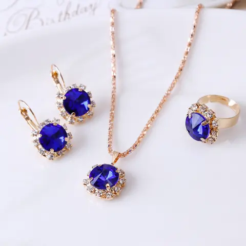 Fashion Round Crystal Necklace Earrings Ring Set Hot Jewelry