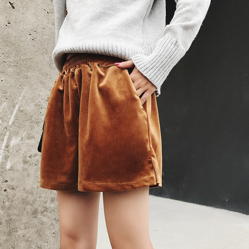 Vintage velvet Elastic Waist Shorts winter thick thin side slit wide leg pants pants female casual boots tide Camel - Shop at LoveMi