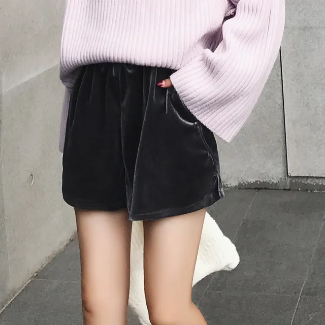 Vintage velvet Elastic Waist Shorts winter thick thin side slit wide leg pants pants female casual boots tide Black - Shop at LoveMi