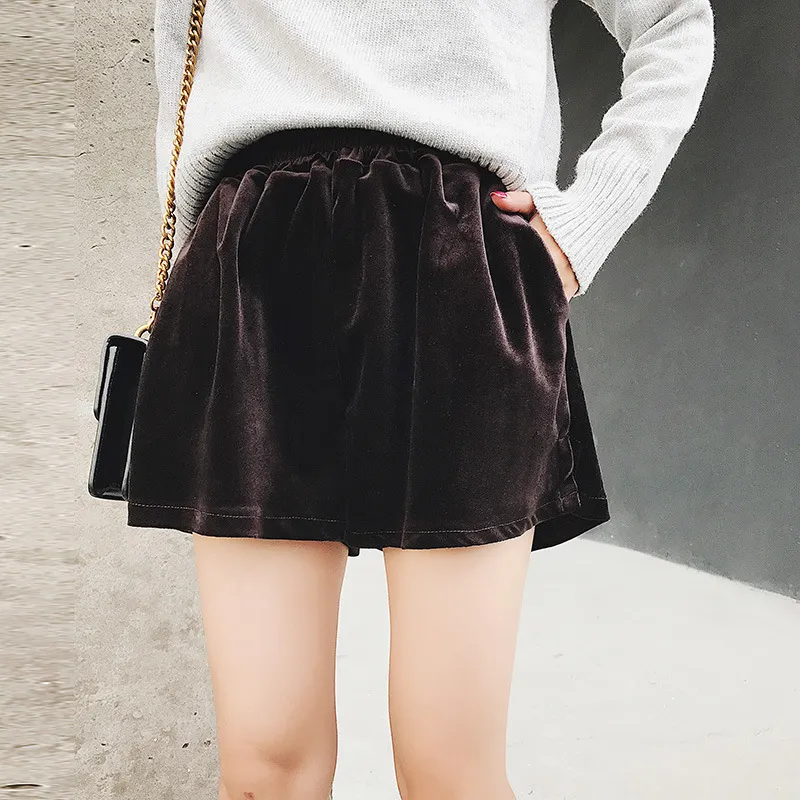 Vintage velvet Elastic Waist Shorts winter thick thin side slit wide leg pants pants female casual boots tide - Coffee