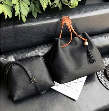 new wooden bucket bag two piece suit bag fringed fashion handbag shoulder diagonal package Black - Shop at LoveMi