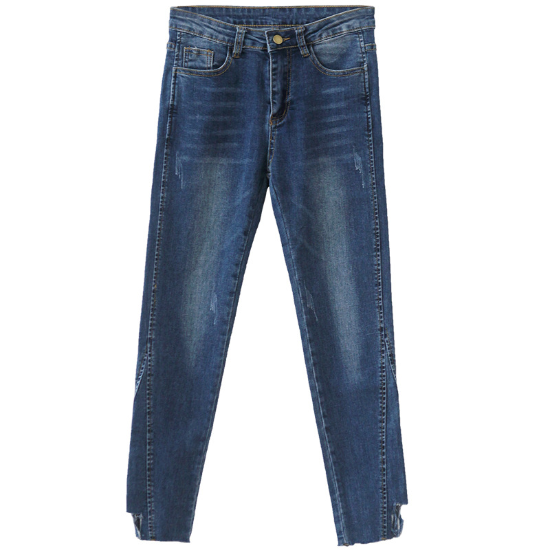 [Huang Zheng] autumn Korean wear white irregular trimless slim straight stretch ladies Denim Long pants K7202