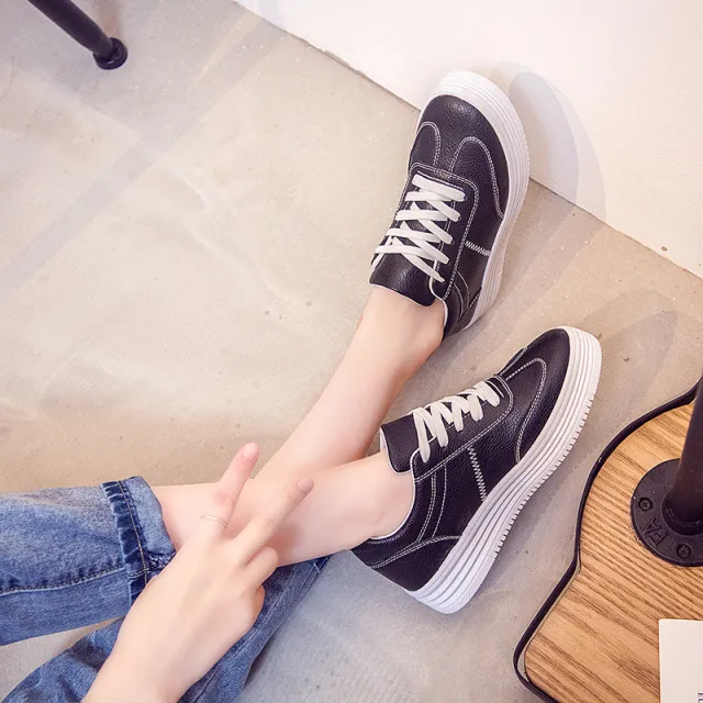 New Spring Thick White Shoes Casual Shoes Female Korean Female Leather Shoes Solid Platform Shoes Black - Shop at LoveMi