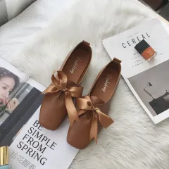 Square Toe Ballet Bowknot Slip-on Flat Shoes - Brown - View 1