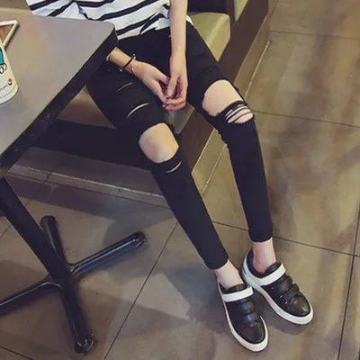Big Ripped Knee Faux Jeans Women's Pencil Pants Black - Shop at LoveMi