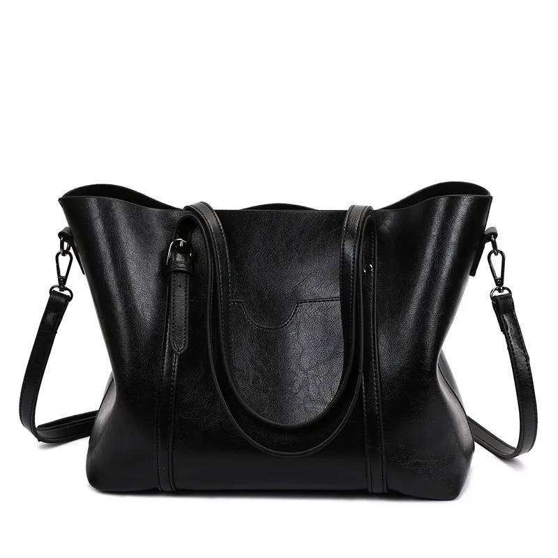 Promotion of 17 new fashion handbags bag retro all-match single shoulder bag simple oil wax portable Tote Bag - Black